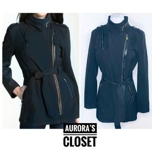 Michael Kors XS Black Rain Coat Military Epaulets Asymmetrical Belt